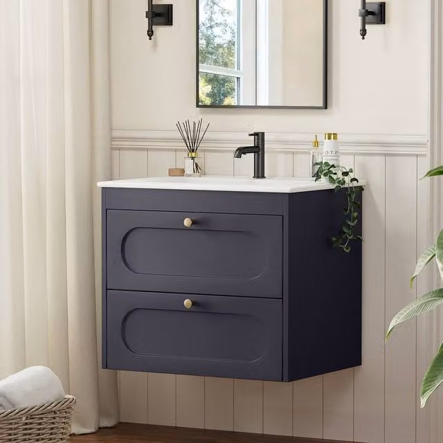 KEEPREAPER Sleek Under Sink Bathroom Cabinet with Ceramic Wash Basin in Dark Grey and Gold – 1