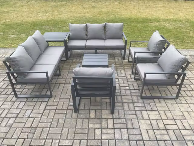 Fimous Aluminium Outdoor Garden Furniture Set in Dark Grey with 2 Seater Sofa, Lounge Armchairs, Coffee Table and Side Table