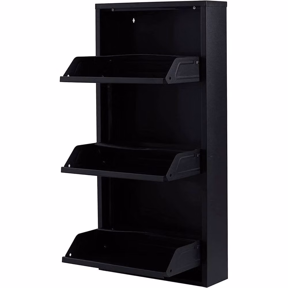 FLAVORA Modern Black Matt Metal Shoe Storage Cabinet with Pull Out Rack and Internal Shelves, W: 100 cm, D: 15 cm, H: 3 cm – 1