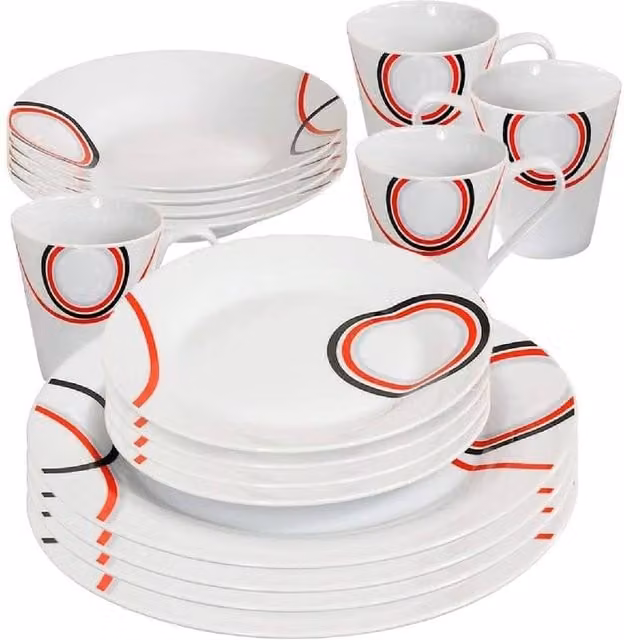 BARGAINS-GALORE 16 Piece Porcelain and Stoneware Dinner Set in Red, Black and White Patterns