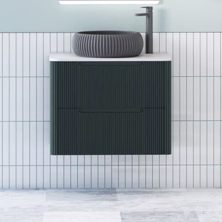 Royal Bathrooms Avenza Wall Hung Vanity Unit in Moss Green with 2 Drawers, Plain White Worktop and Milan Black Basin