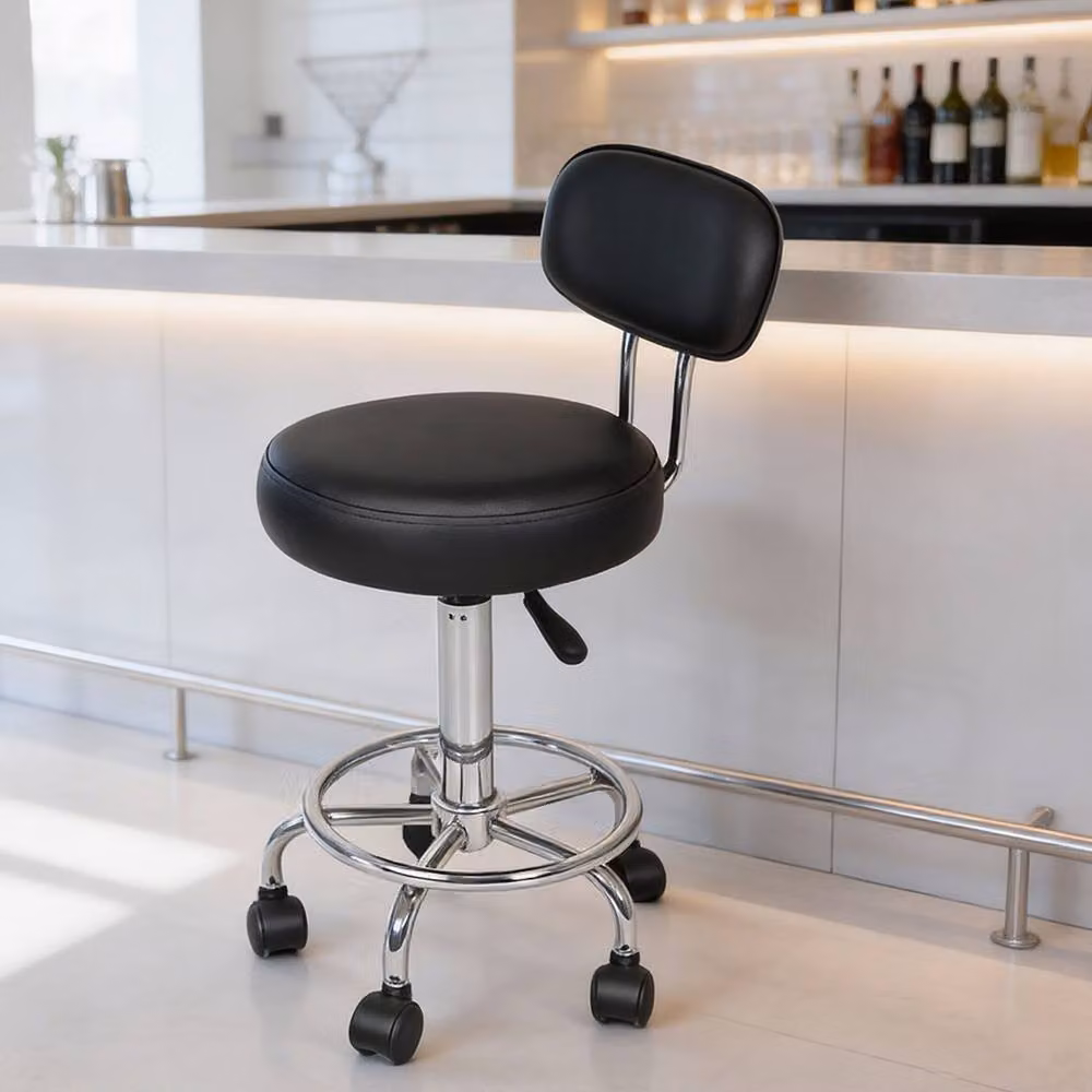 Levede Black PU Leather Rolling Stool with Low Back, Height Adjustable Swivel Task Chair with Footrest for Home, Office and Studio Use – 3