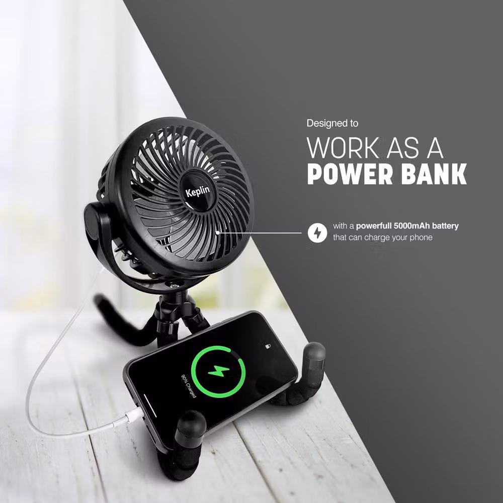Keplin Portable Rechargeable Mini Stroller Fan in Black with 5000mAh Battery and 3 Speeds – 4