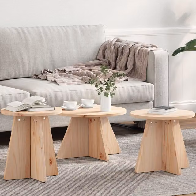 Berkfield Home 3-Piece Round Nested Coffee Table Set in Natural Solid Pine Wood