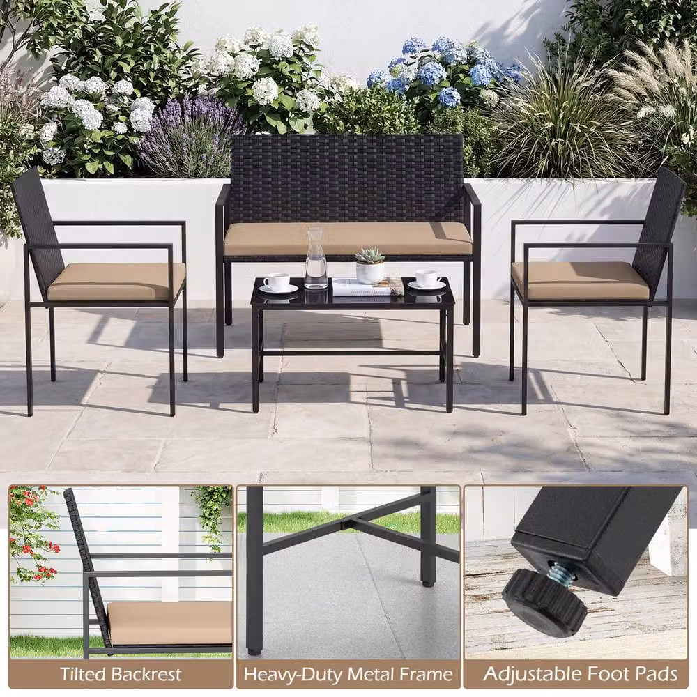 Costway 4-Piece Outdoor Rattan Patio Furniture Set with Loveseat, Armchairs and Coffee Table in Beige – 3