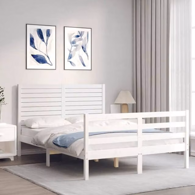 Berkfield Home Beautiful Solid Wood Bed Frame with Headboard in White, W/D/H: 140 x 200 x 145.5 cm – 1