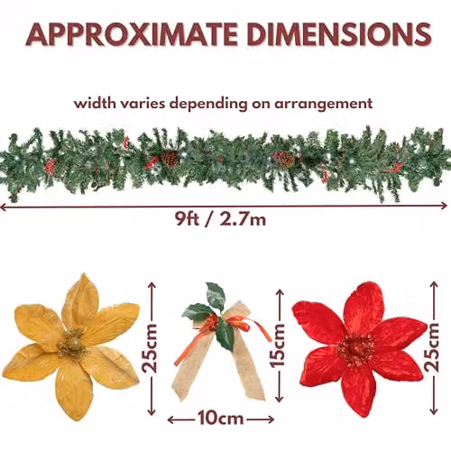 Marco Paul 9ft Pre-Lit Christmas Garland with Red and Gold Flowers and Green Accents – 2