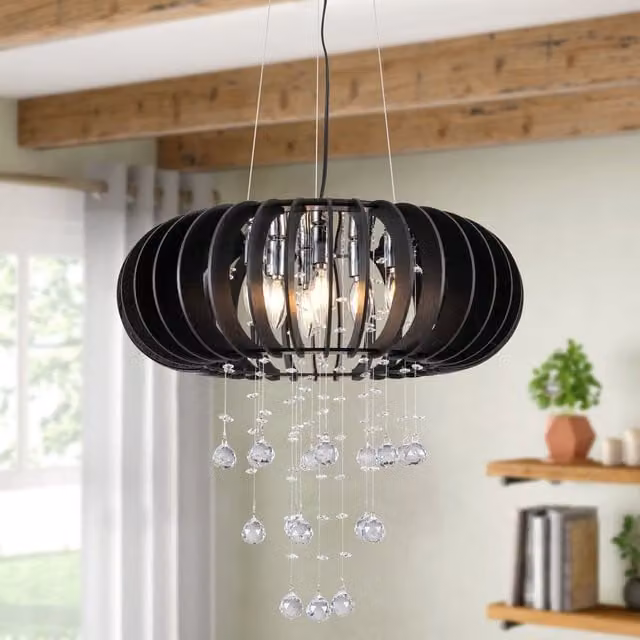 Garwarm 6 Light Dimmable Wood and Crystal Caged Chandelier in Black