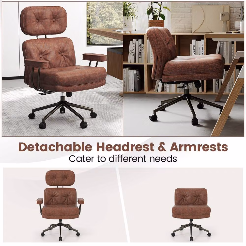 Gymax Brown Suede Fabric Home Office Task Chair with Headrest, Armrests and Swivel Castors – 6