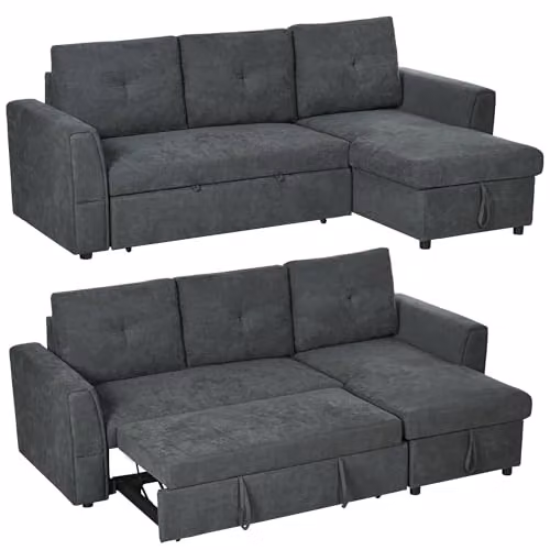 HOMCOM L-Shaped 3 Seater Pull Out Sofa Bed with Storage in Grey