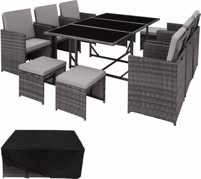 tectake Malaga Modern Extendable Rattan Garden Table and Chairs Set with Glass Top and Weather Resistant Cushions in Grey and Black – 2
