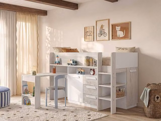 Vente-unique Single Combination Bed with Desk and Storage in White, W/D/H: 200 x 90 x 131.5 cm