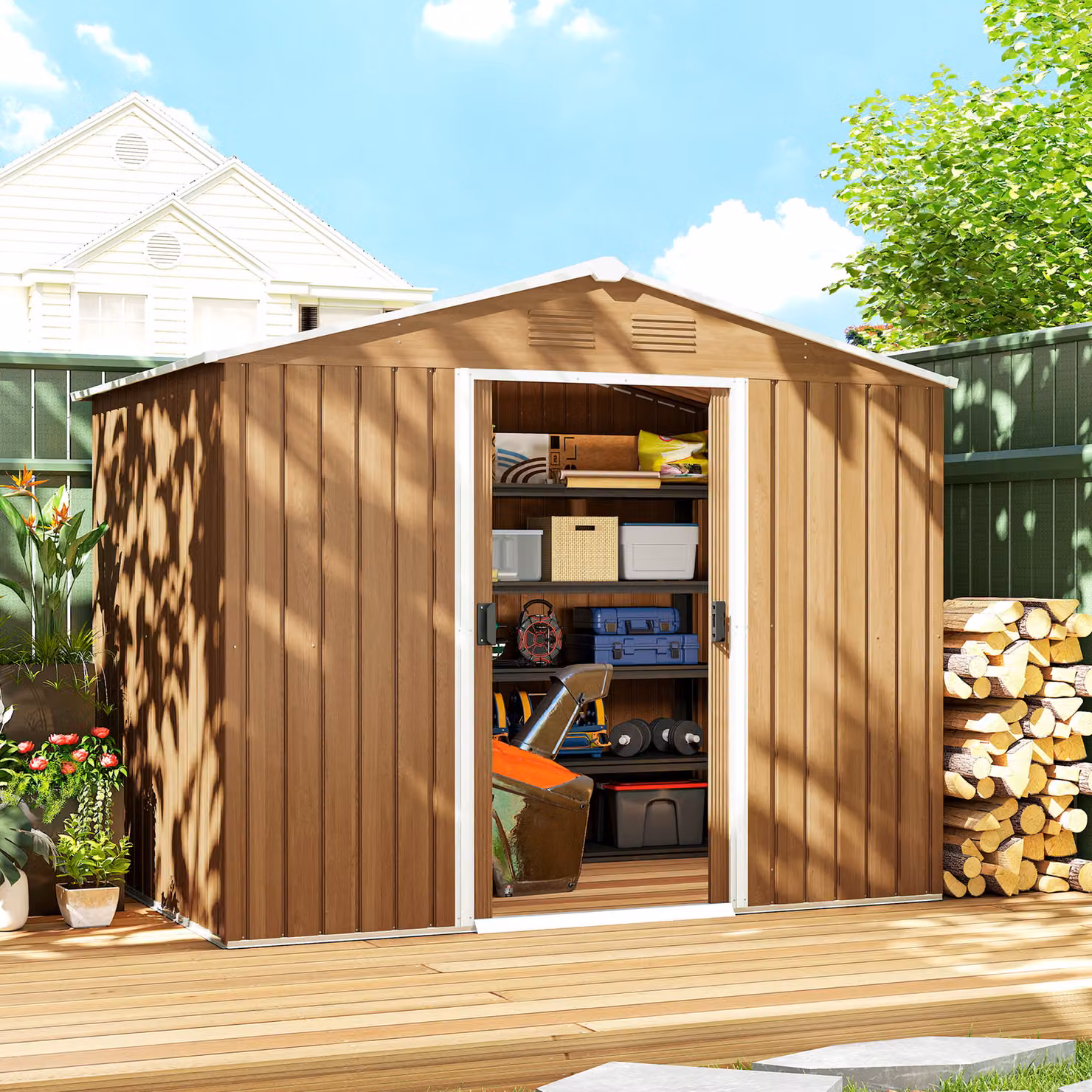 Outsunny Brown Galvanised Steel Metal Garden Storage Shed with Sloped Roof and Double Doors, W/D/H: 236 x 182.88 x 161 cm – 2