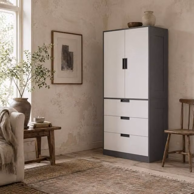 Wyld Haus Corario Grey and White 2 Door Wardrobe with 3 Drawers and Hanging Rail, H 180 cm x W 80 cm x D 50 cm