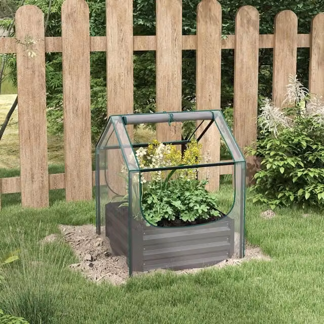 Outsunny Raised Garden Bed Planter Box with Greenhouse in Grey