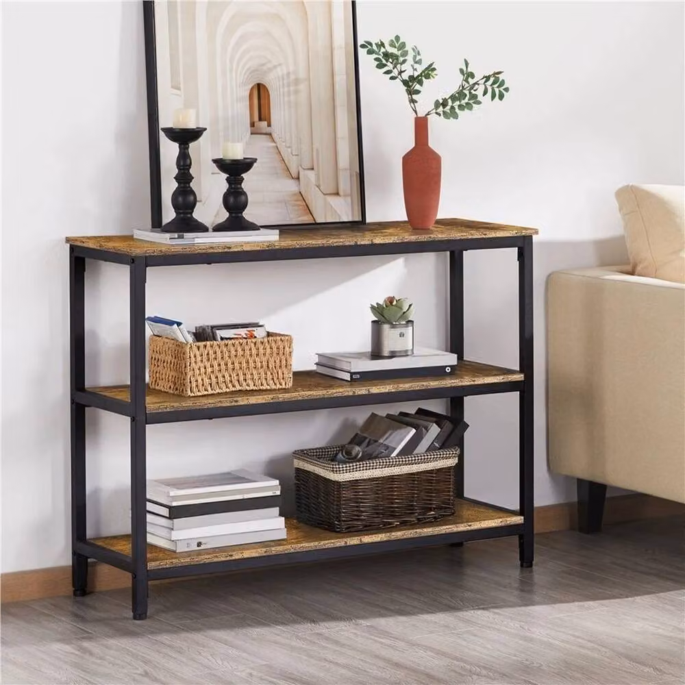 KORVIXA 3-Tier Vintage Wood and Metal Console Table, Brown, W: 100 cm, D: 29.5 cm, H: 80.5 cm – 4