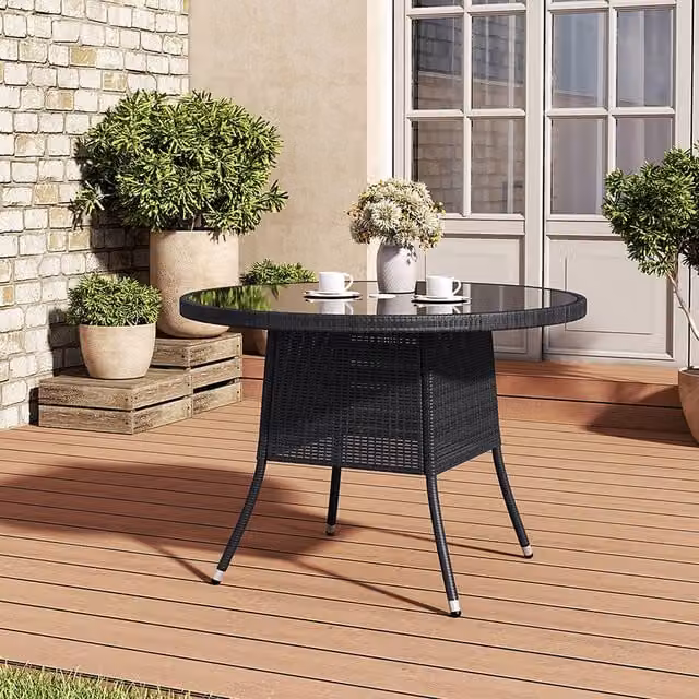 Livingandhome Modern Round Rattan Garden Coffee Table with Glass Top in Black