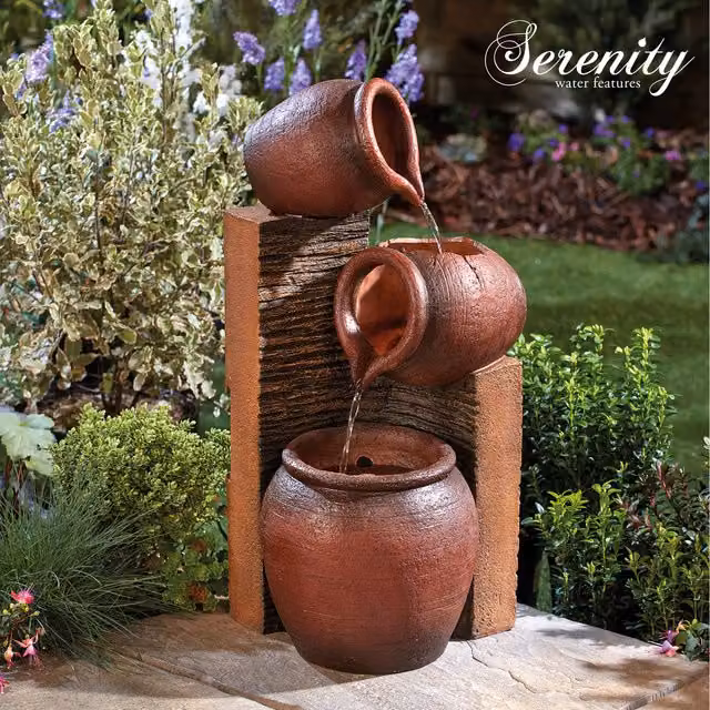 Serenity Cascade Tipping Pots Water Feature with LED Lighting in Brown