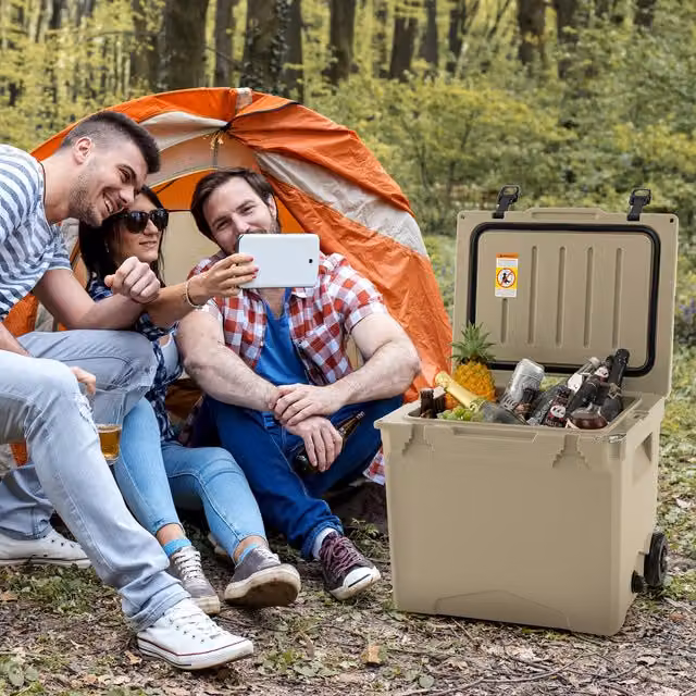 COSTWAY Mobile Ice Chest Box with Wheels in Brown