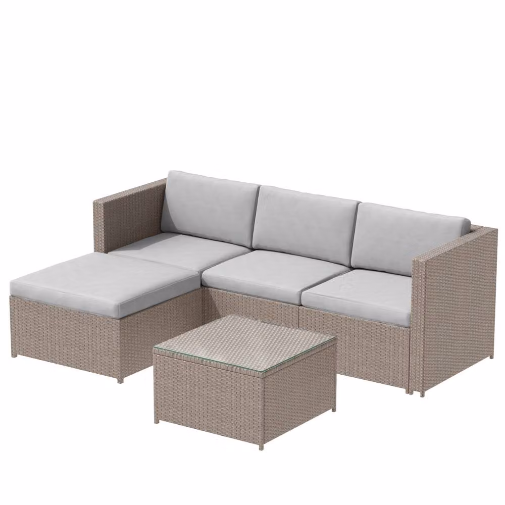 Tokpiedi Modern L-Shape Grey Polyrattan Outdoor Furniture Set with 2-Seater Sofa, Coffee Table, Ottoman and Upholstered Cushions – 3