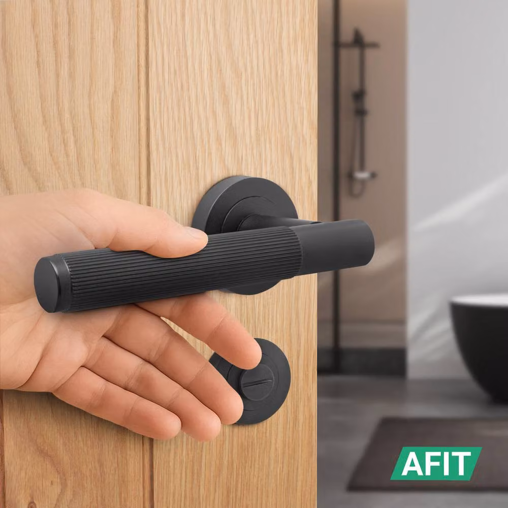 AFIT Matt Black Aluminium Bathroom Door Handle Set with Lock and Hinges – 5