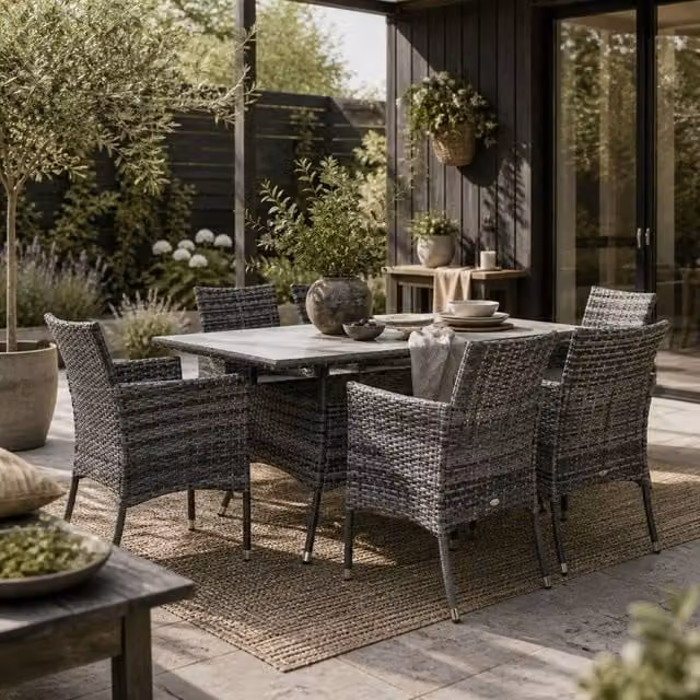 Wyld Haus Zila 6 Seater Grey Rattan Outdoor Dining Set with Glass Table and Cushioned Seating – 1