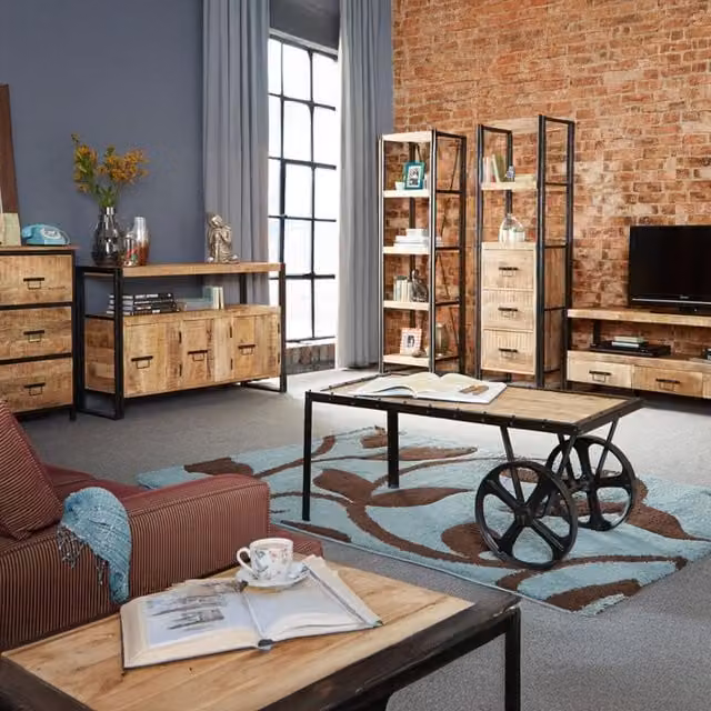 IH Design Industrial Rectangular Coffee Table in Brown Wood and Metal with Castors