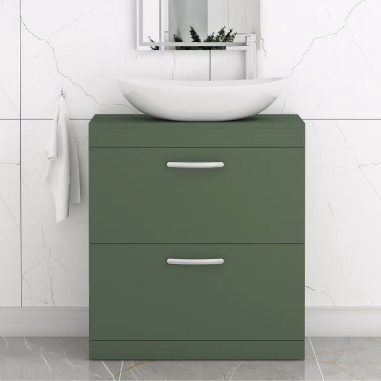 Cesar Turin 800mm Floor Standing 2 Drawer Bathroom Vanity Unit with Countertop Basin in Matt Green