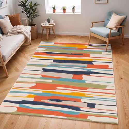 Livabliss Modern Geometric Rectangular Rug in Orange, Grey and Multicolour, W/D/H: 80 x 150 x 0.75 cm