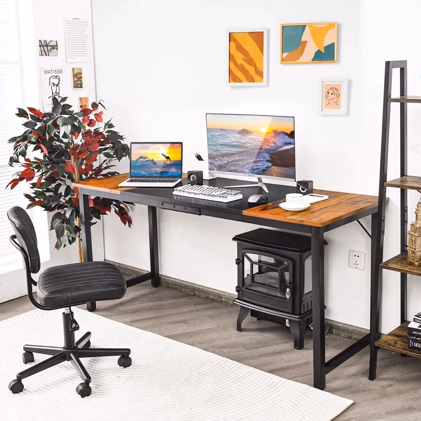 Costway Industrial Wooden Computer Desk with Metal Frame, Brown – 3