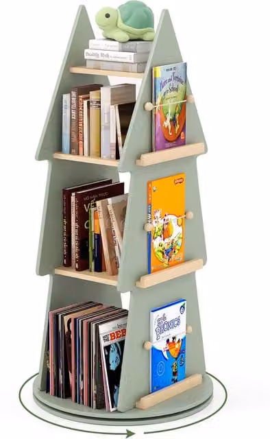COSTWAY 4 Tier Tree Shape Revolving Bookcase in Green