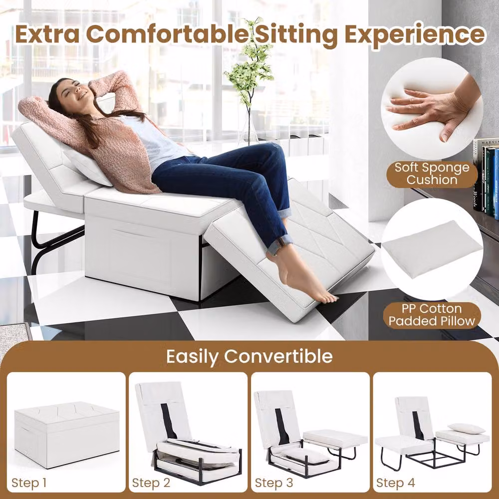 Gymax White Folding Sofa Bed Ottoman with Recliner and Metal Frame – 3
