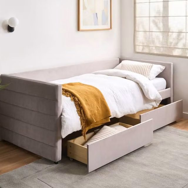 Wyld and Coco Velvet Daybed in Grey with Drawers, W/D/H: 200 x 90 x 90 cm – 1