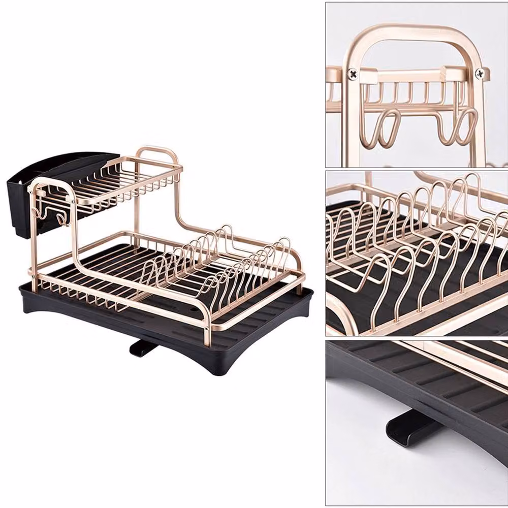 Garden Sanctuary 2 Tier Dish Drying Rack with Drip Tray and Cutlery Holder in Rose Gold – 2