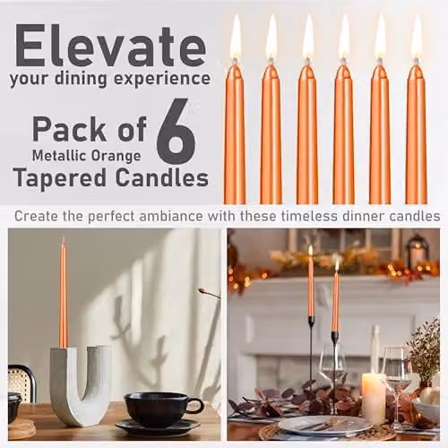 Deco Express Set of 6 Metallic Orange Unscented Dripless Tapered Dinner Candles – 4