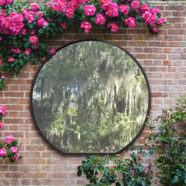 MirrorOutlet Circulus Modern Round Metal Garden Wall Mirror in Black, Diameter: 120 cm
