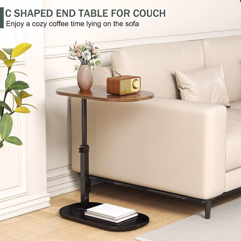 Hinsinc Adjustable C-Shaped Side Table in Brown Wood and Metal for Bedroom or Living Room, W/D/H: 30 x 30 x 45 cm – 3