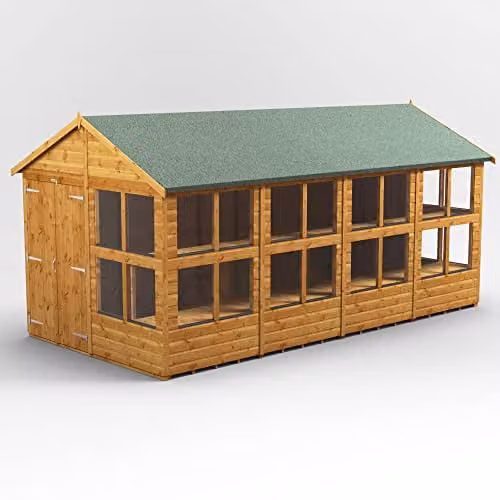POWER Apex Potting Wooden Shed with Double Doors and PVC Window Sills, Brown, W/D/H: 487.7 x 243.8 x 258.0 cm