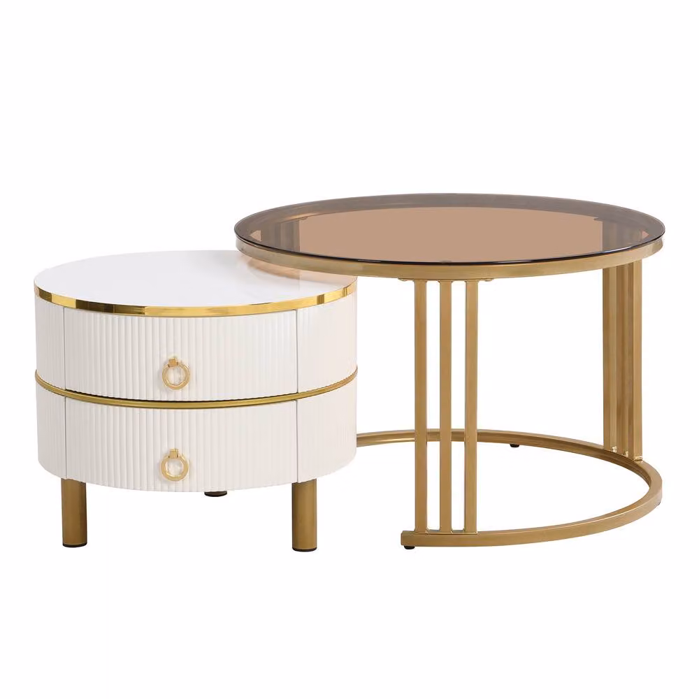 BTM Round Nesting Coffee Table Set with 2 Drawers in White and Brown – 3