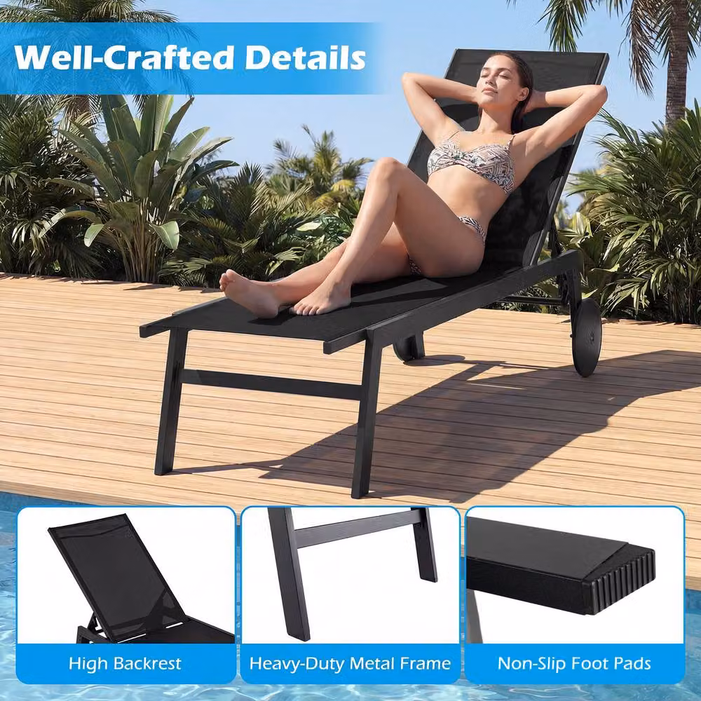 Costway Black Patio Sun Lounger Chair with Wheels and 6-Position Adjustable Headrest – 5
