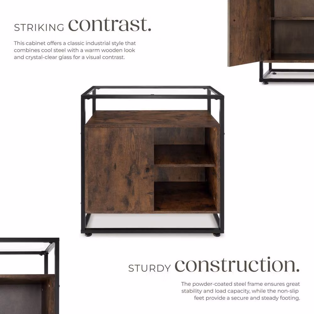 tectake Coventry Sideboard with Glass Tabletop and Open Shelves in Brown and Black – 3