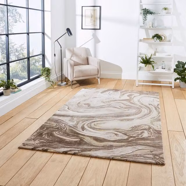 Terrys Modern Abstract Rectangular Rug in Beige and Gold, W: 120 cm, D: 170 cm