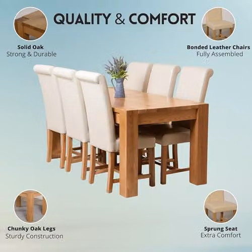 Oak Furniture King Kuba Dining Set with 6 Washington Upholstered Leather Chairs in Black and Beige, W/D/H: 180 x 90 x 78 cm – 2