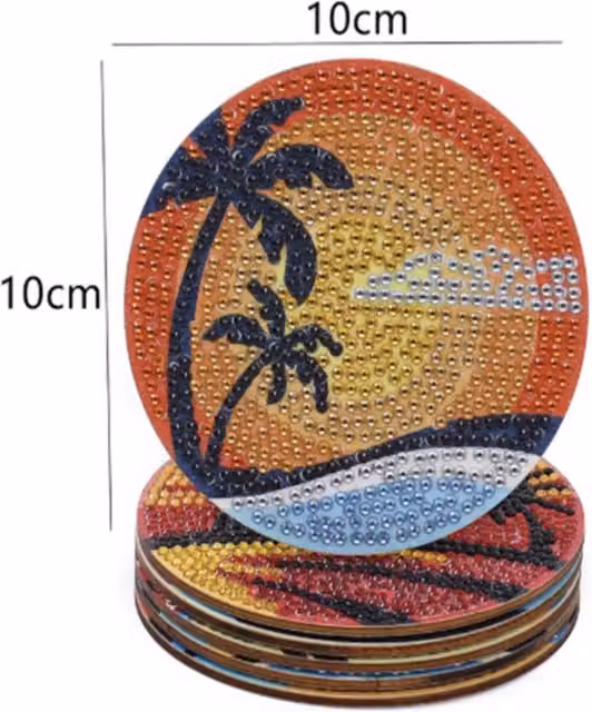 Syntego Pack of 6 Sunset Palm Tree Diamond Art Coasters in Multicolour and White