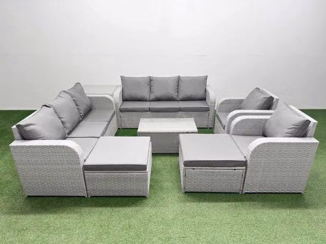 Fimous PE Rattan High Back Lounge Sofa Set in Light Grey with 3 Seater Sofa, Reclining Chair, Coffee Table and 2 Ottomans