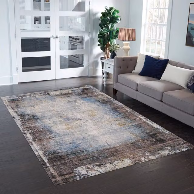 Woohoo Furniture Tokyo Abstract Chenille Flatweave Rug, Multicolour Anthracite and Blue, W: 100 cm, L: 200 cm