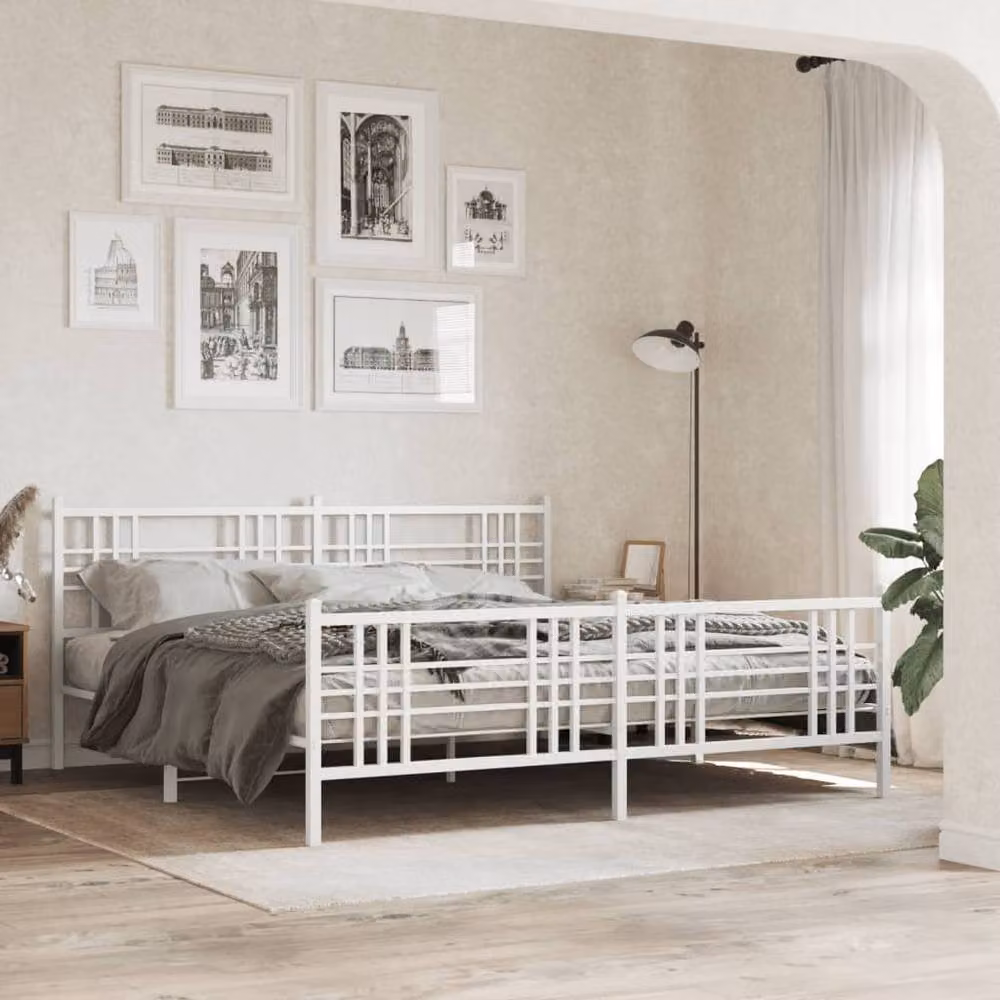Berkfield Home Metal Bed Frame with Footboard, White, W: 183 cm, D: 213 cm – 2