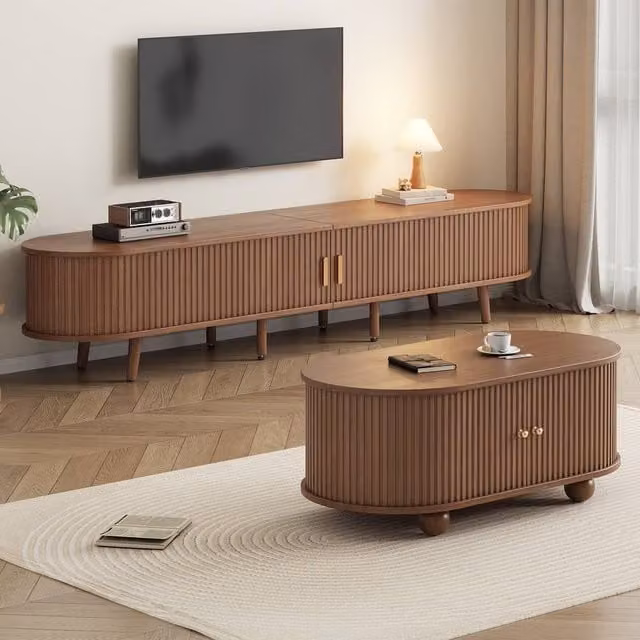 Merax Mid-Century Living Room Furniture Set with Oval TV Stand and Coffee Table in Brown