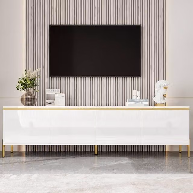 Rolipo White High Gloss Modern TV Stand with 4 Doors and Gold Accents