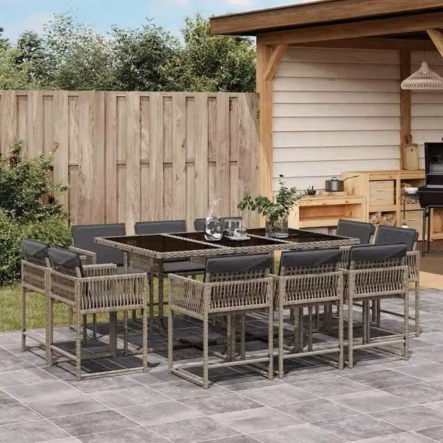 Berkfield Home 11 Piece Grey Poly Rattan Garden Dining Set with Cushions
